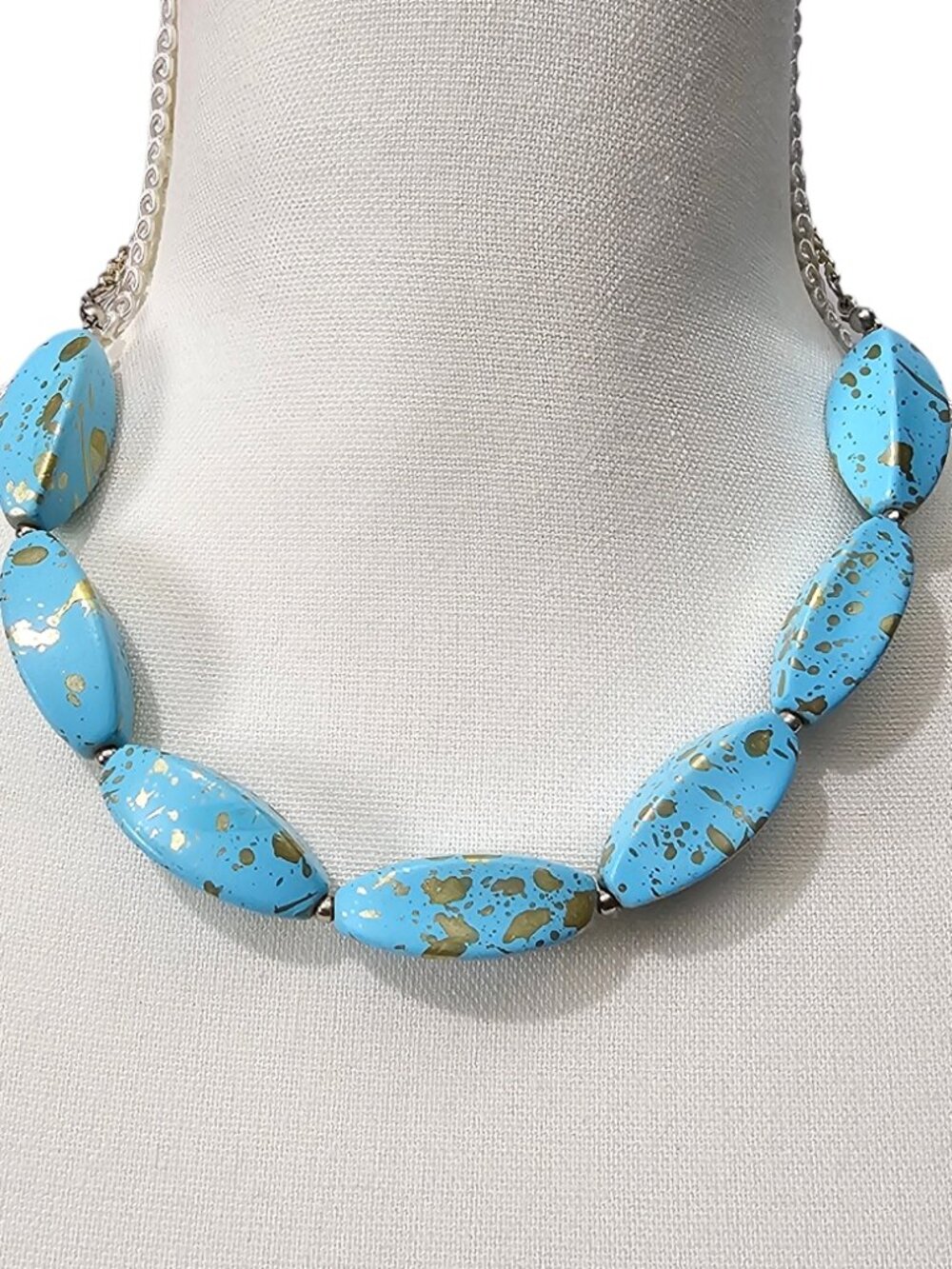 Vintage Oval Turquoise Gold Splatter Boho Retro Nugget Beaded Chunky Necklace